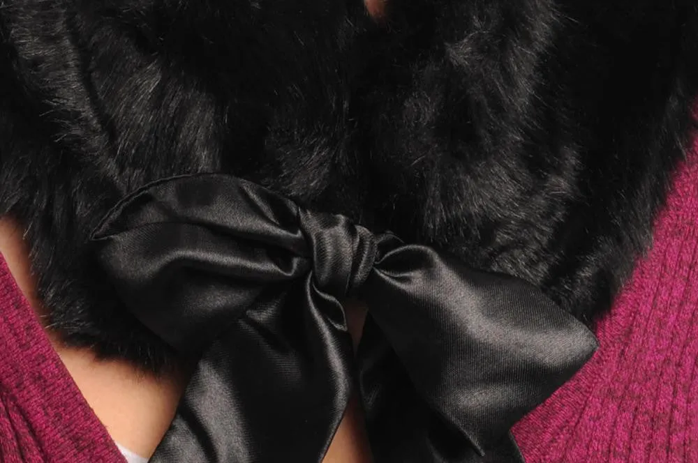 Black Faux Fur Collar With Satin Bow Collar Scarf