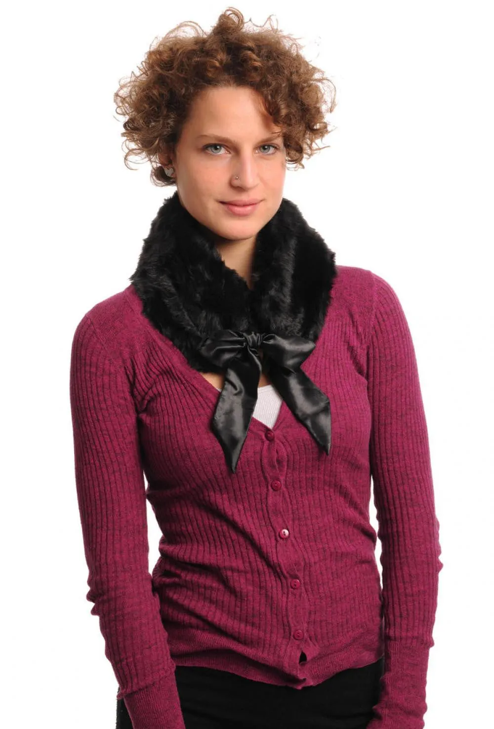 Black Faux Fur Collar With Satin Bow Collar Scarf