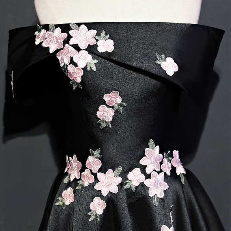 Black Knee Length Satin with Flowers Party Dress, Black Short Prom Dress Homecoming Dress