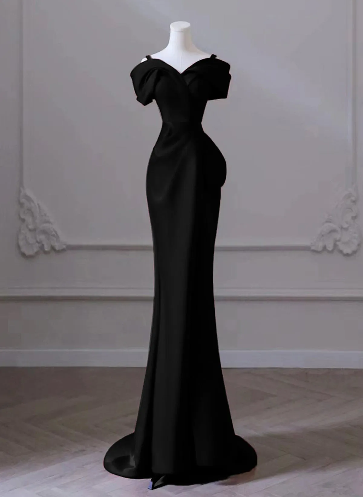 Black Mermaid Sweetheart Off Shoulder Prom Dress, Black Satin Evening Dress