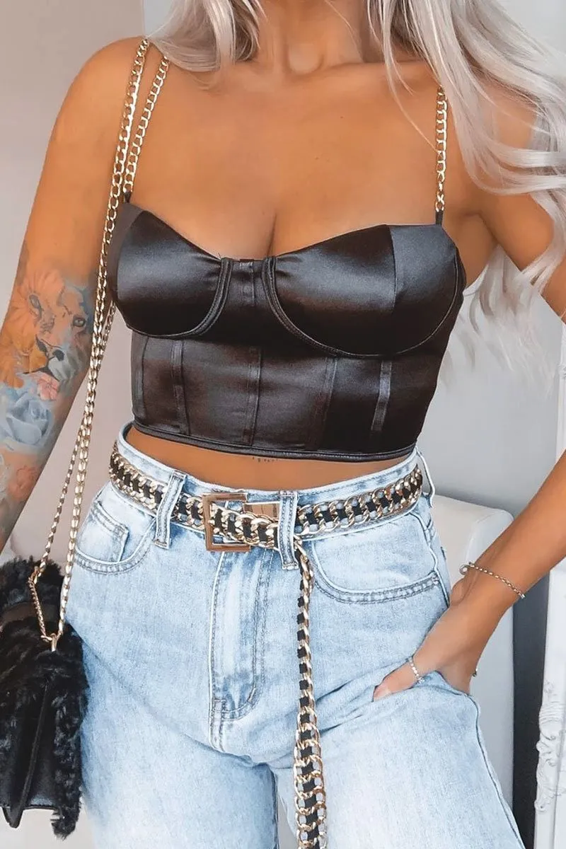 Black Satin Corset Detail Chain Strap Crop Top - Vinisha