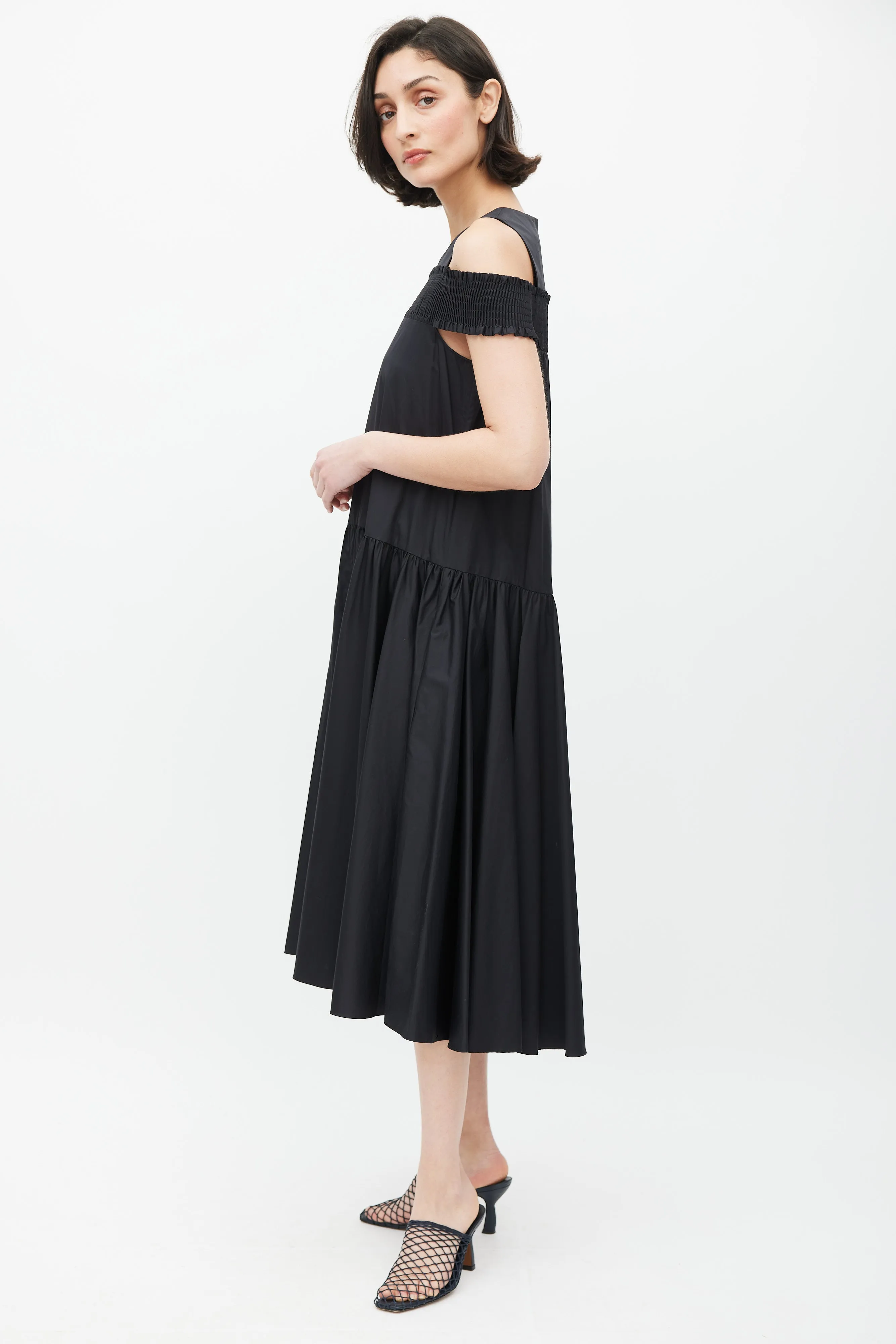 Black Smocked Gathered Dress