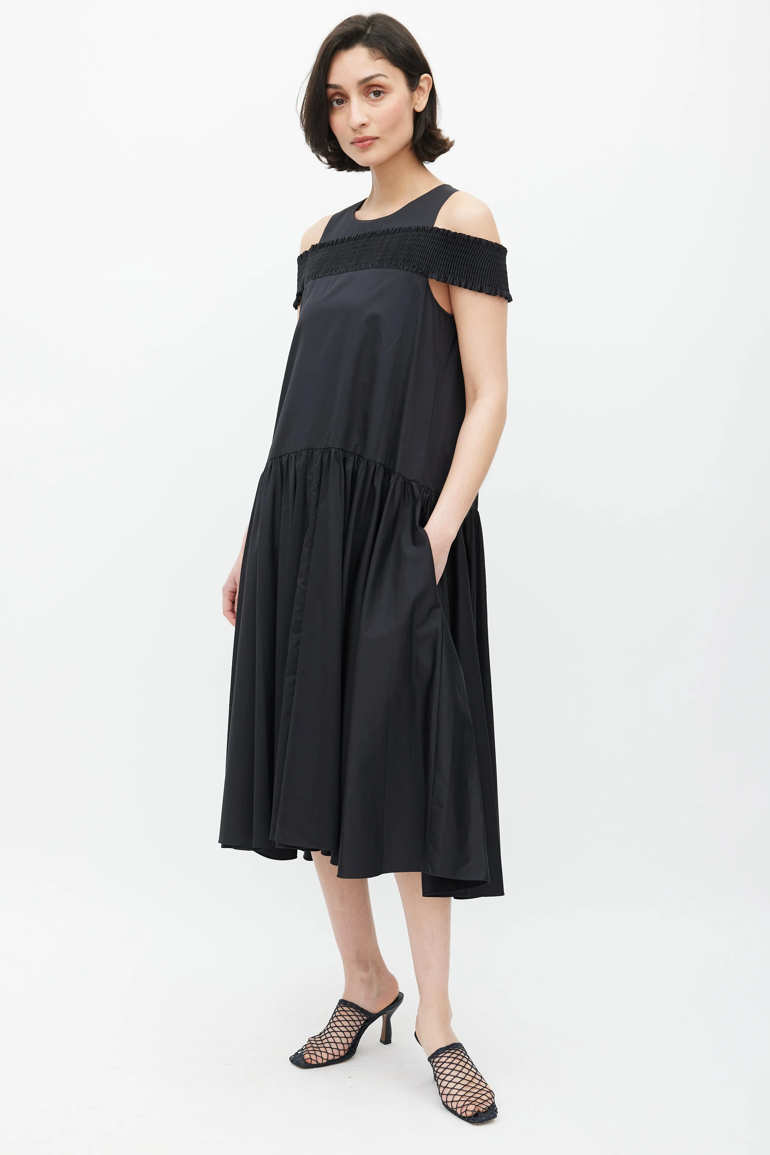 Black Smocked Gathered Dress