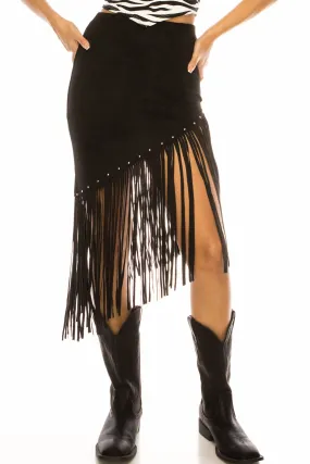 BLACK SUEDE FRINGE STUDDED MIDI SKIRT