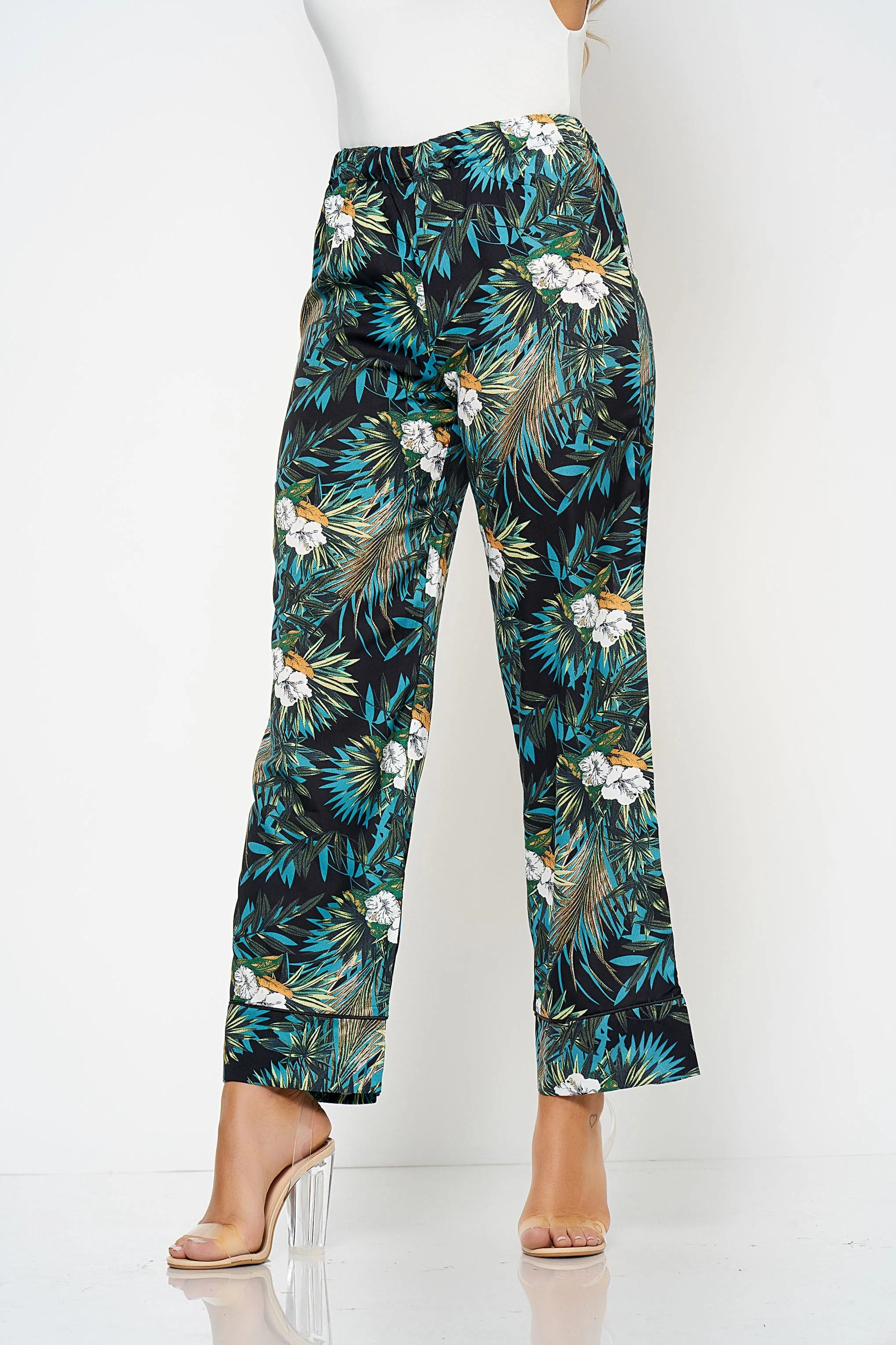 Black Tropical Printed Co-Ord Trousers