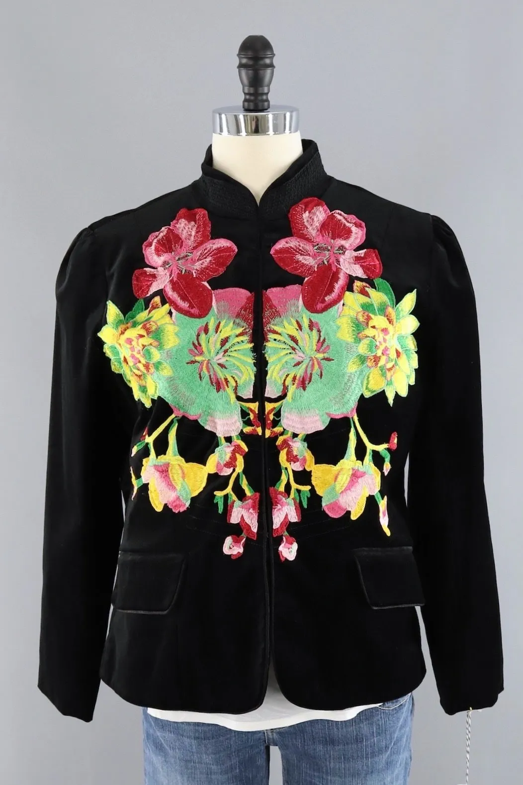 Black Velvet Military Style Jacket with Floral Embroidery