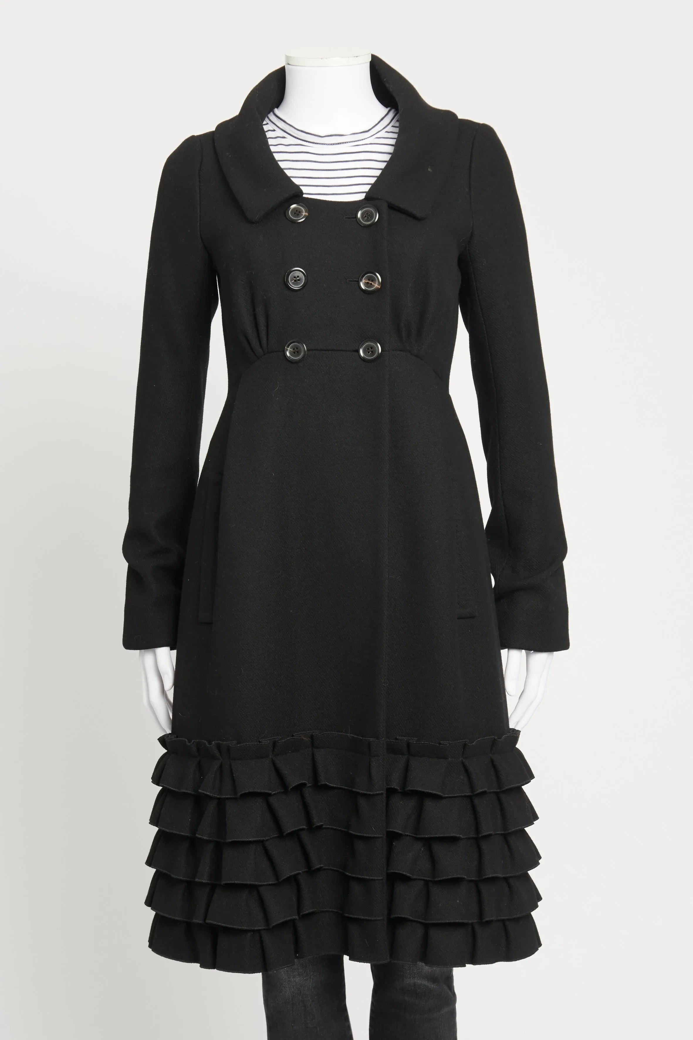 Black Wool Ruffle Preowned Dress Coat