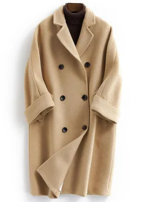 boutique khaki Woolen Coat Women plus size long coat double breast woolen Notched outwear