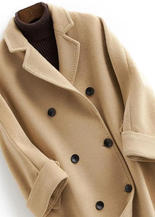 boutique khaki Woolen Coat Women plus size long coat double breast woolen Notched outwear