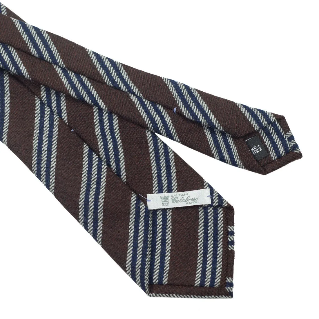 Brown wool & silk tie with grey & navy triple stripes