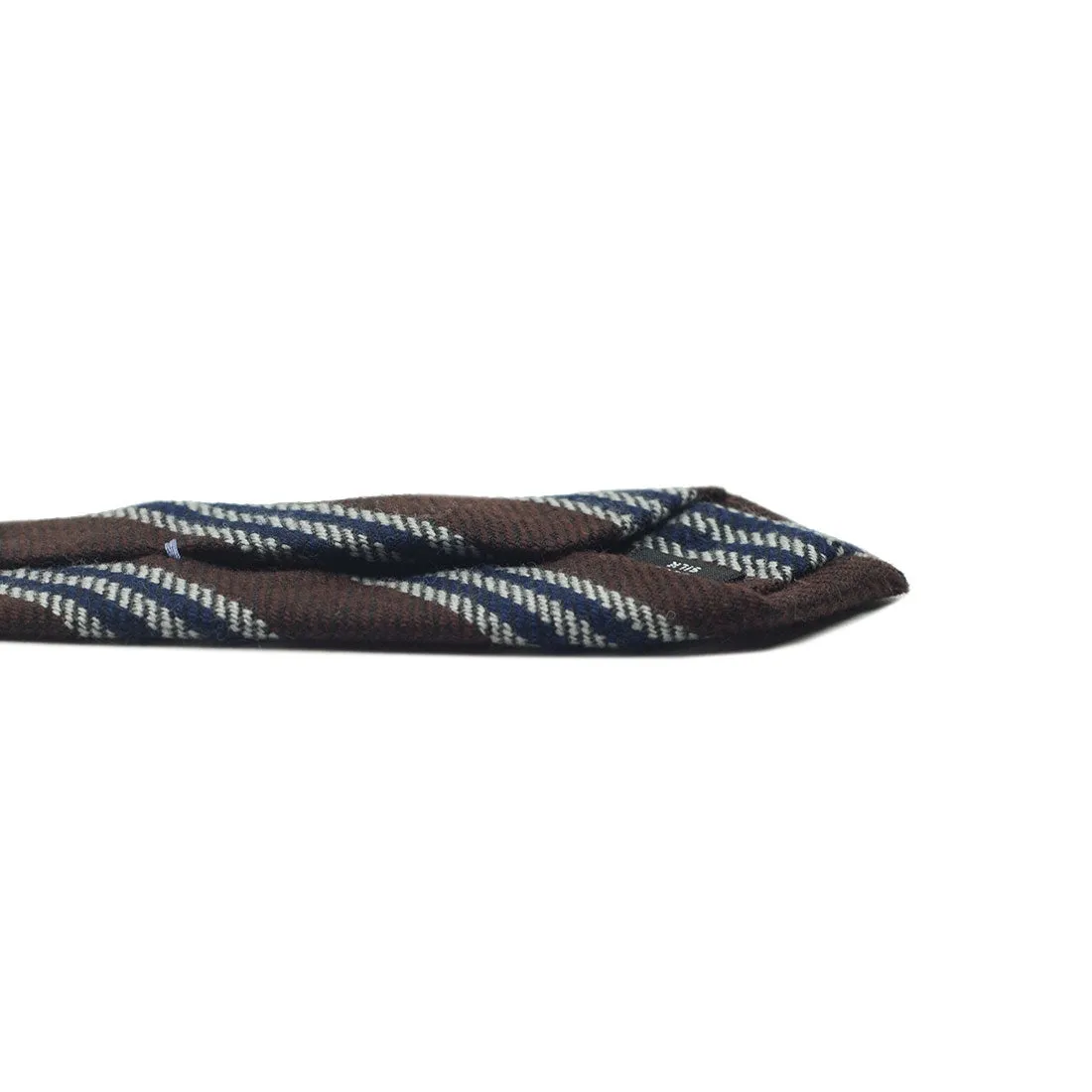 Brown wool & silk tie with grey & navy triple stripes