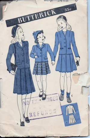 Butterick 3129 Young Girls Tailored Suit Jacket Skirt Vintage 1940's Sewing Pattern