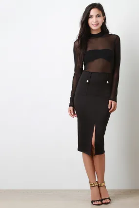 Button Mesh Long Sleeves Cocktail Midi Dress