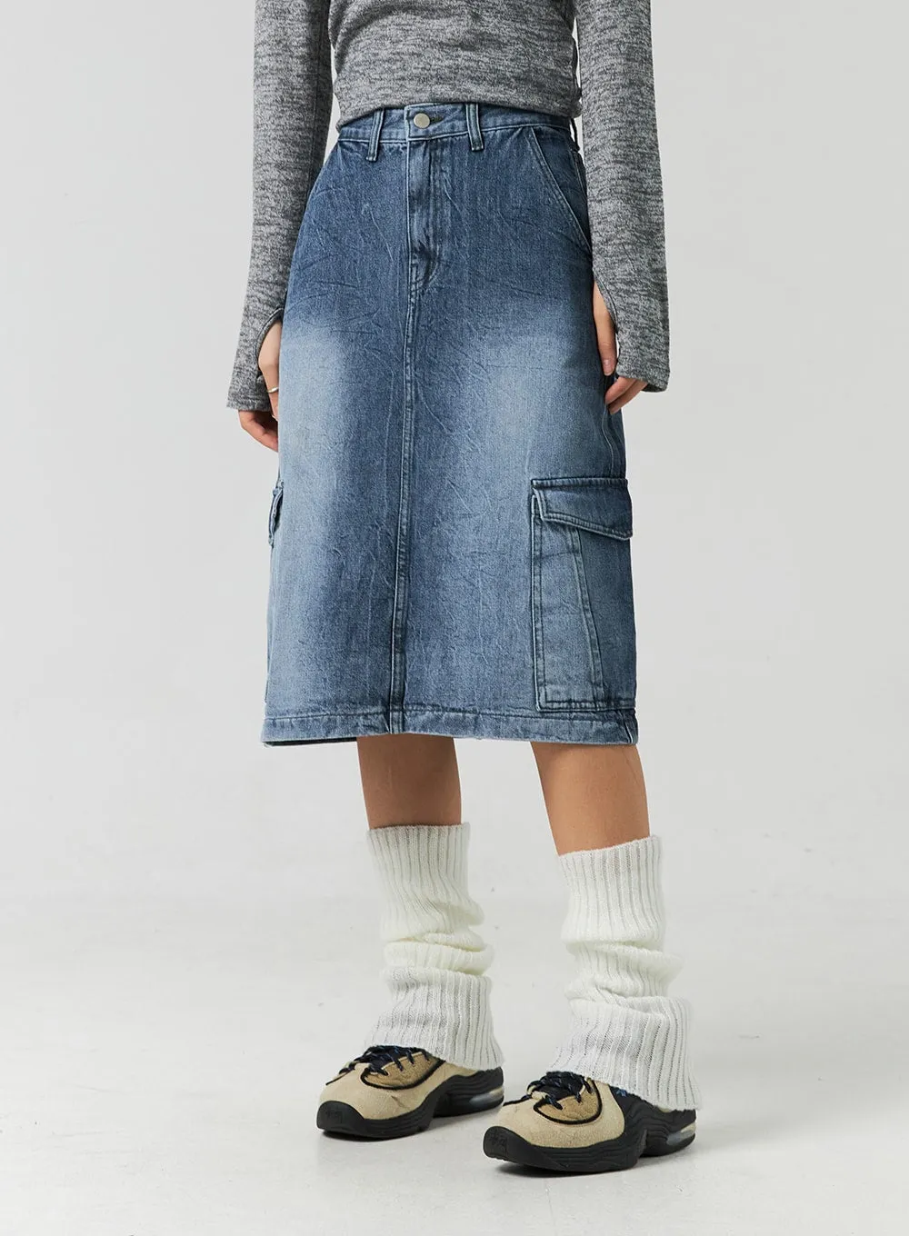 Cargo Washed Denim Midi Skirt CO323