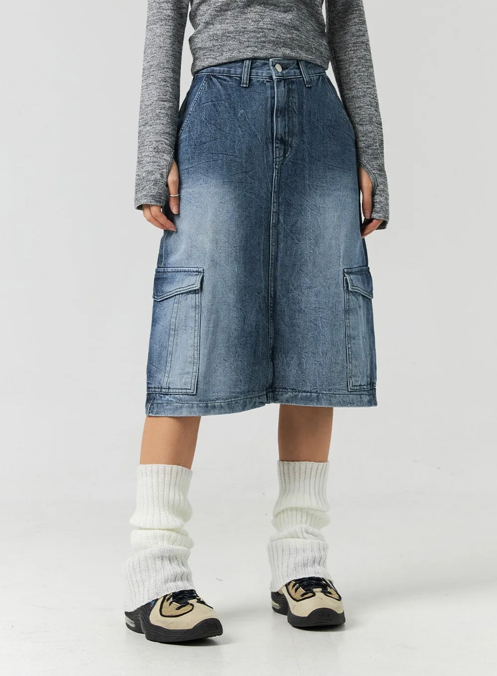 Cargo Washed Denim Midi Skirt CO323