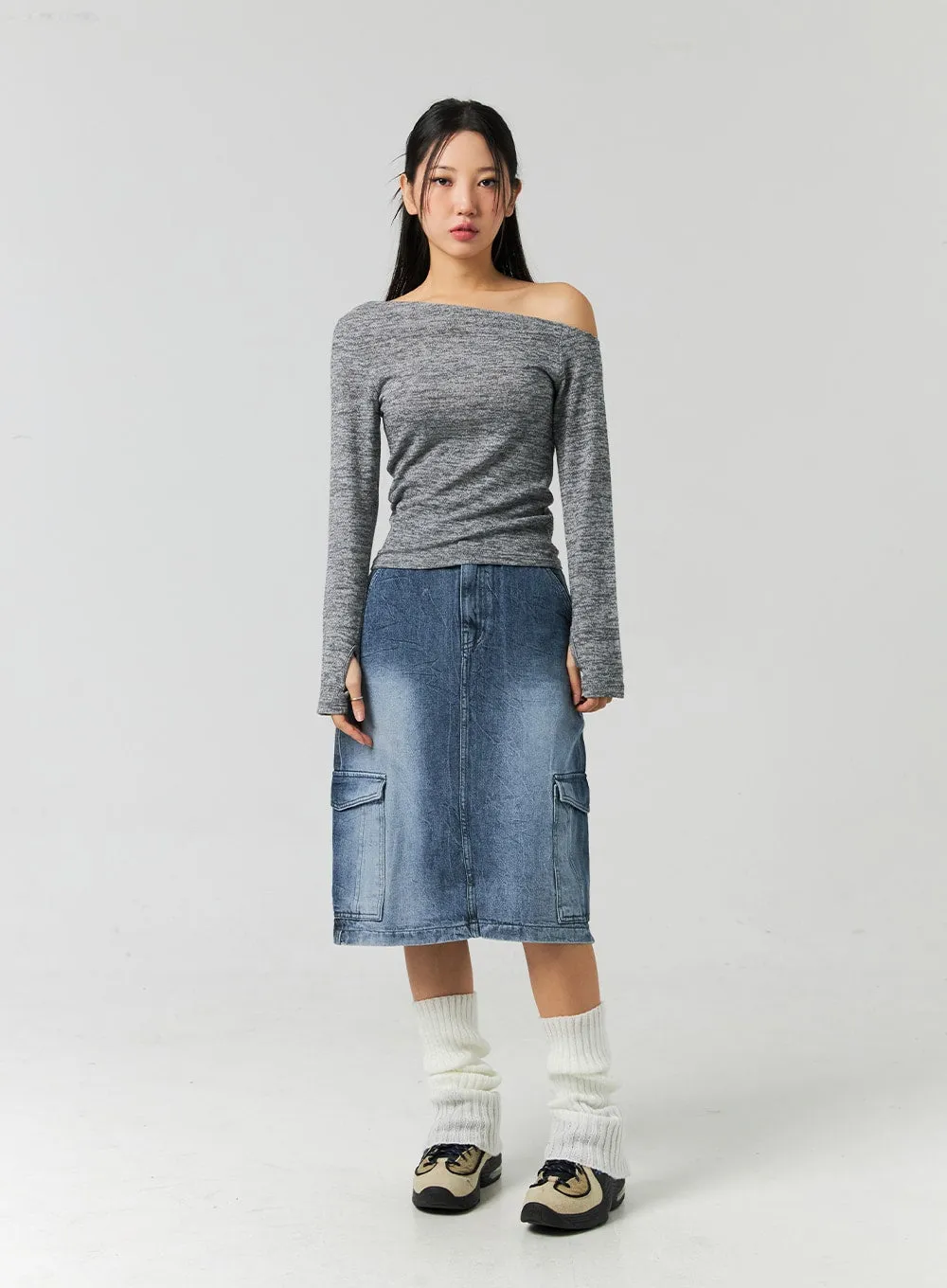 Cargo Washed Denim Midi Skirt CO323