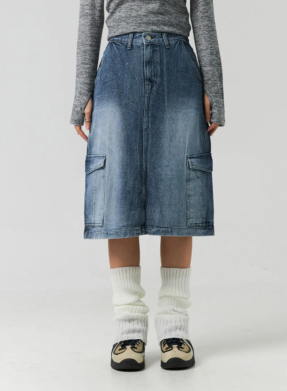 Cargo Washed Denim Midi Skirt CO323