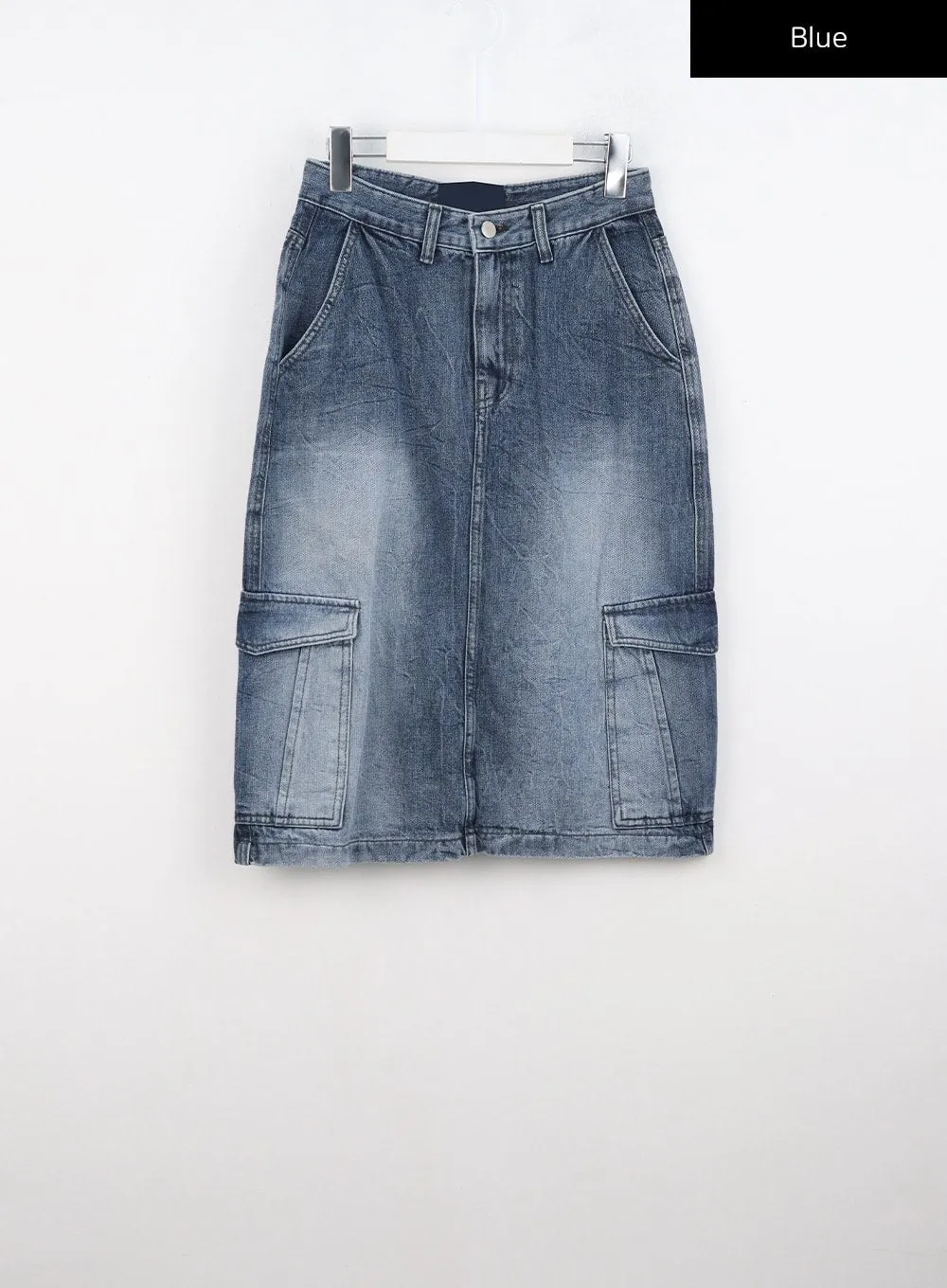 Cargo Washed Denim Midi Skirt CO323