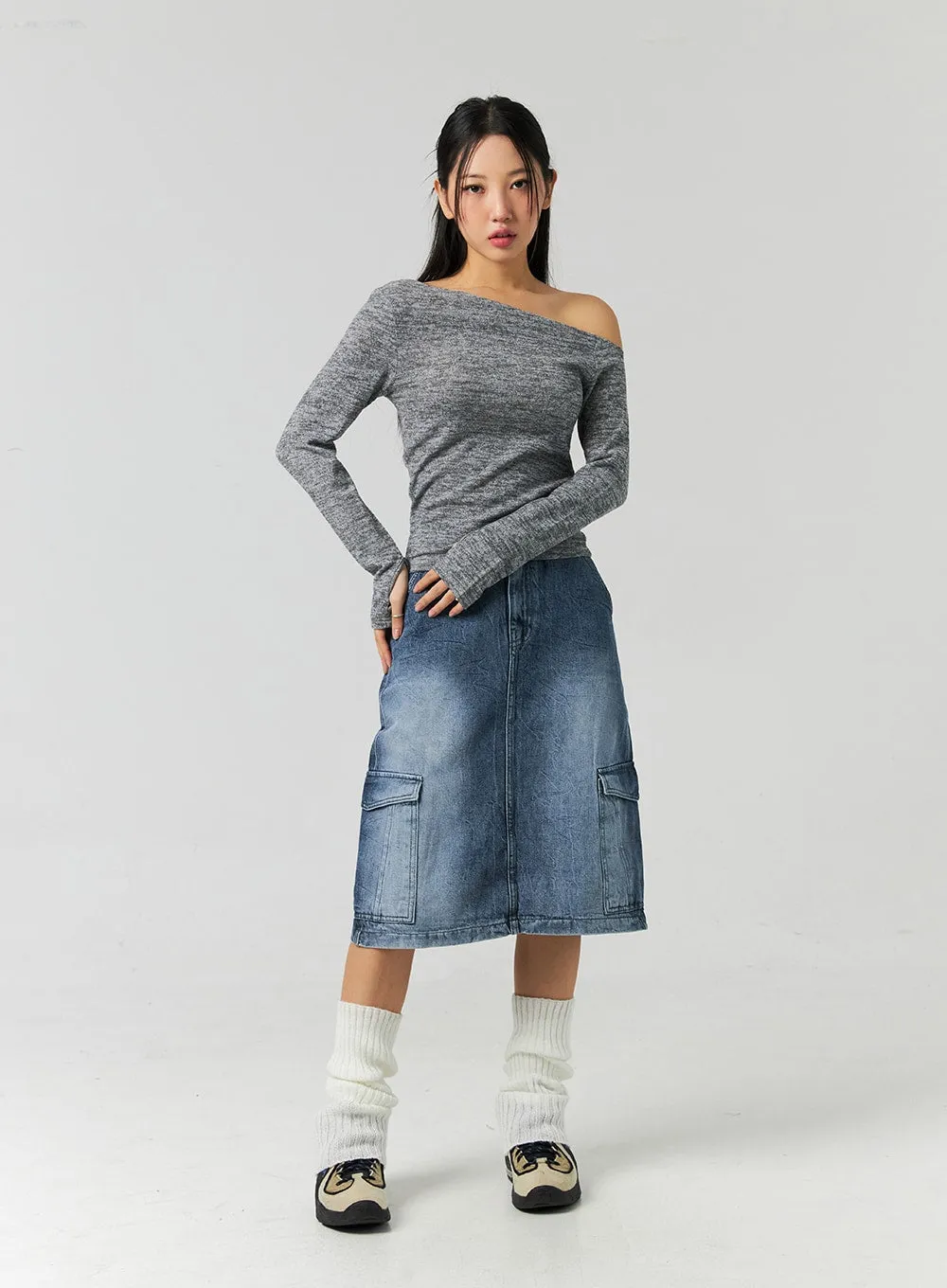 Cargo Washed Denim Midi Skirt CO323