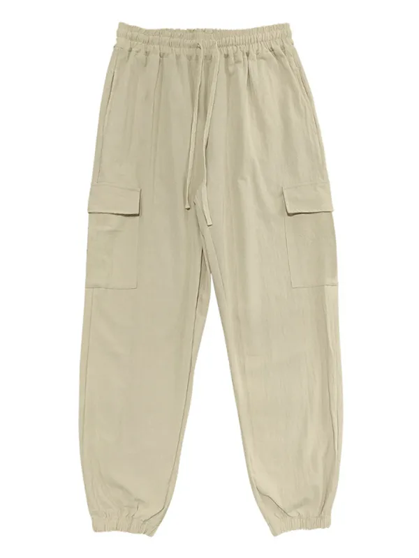 Casual cuffed multi-pocket drawstring trousers