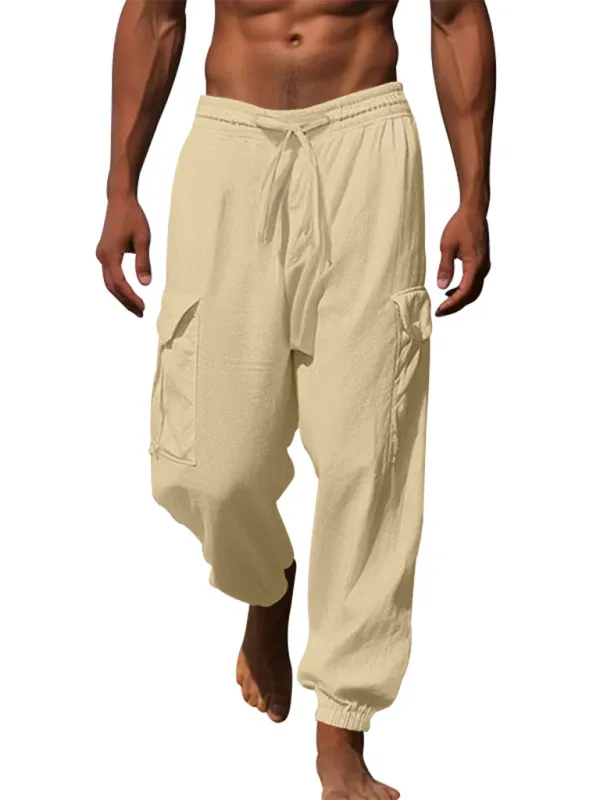 Casual cuffed multi-pocket drawstring trousers