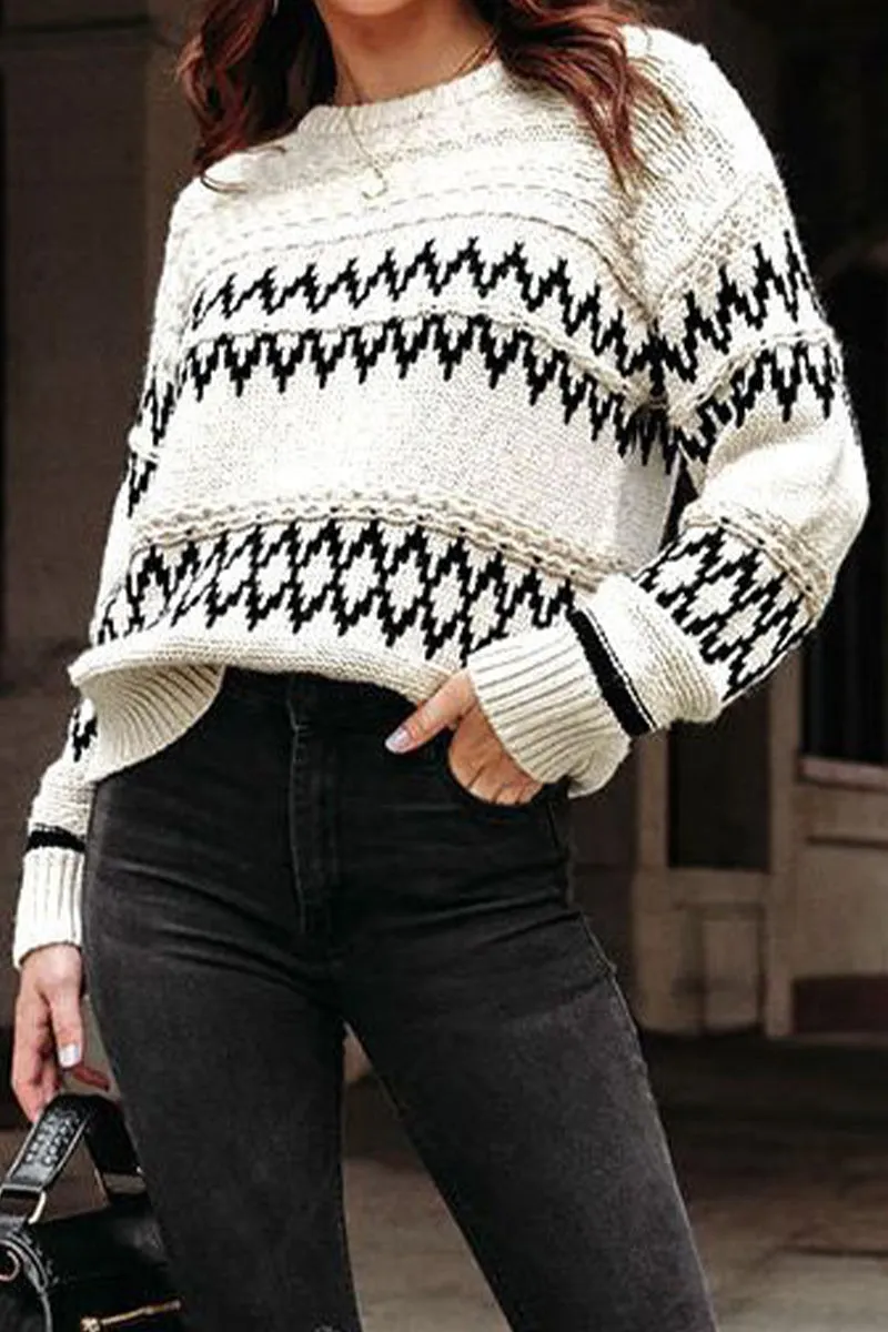 Casual Geometric Weave O Neck Tops