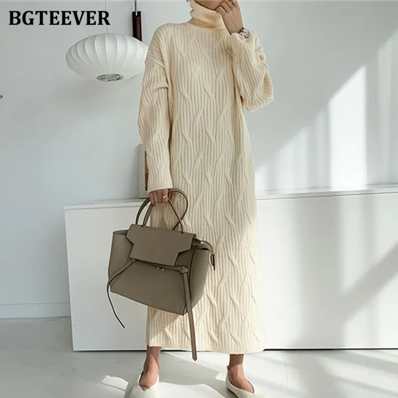 Christmas Gift Joskaa Elegant Turtleneck Thick Warm Loose Women Knitted Dress Solid Vestidos Autumn Winter Straight Sweater Dress Women 2024