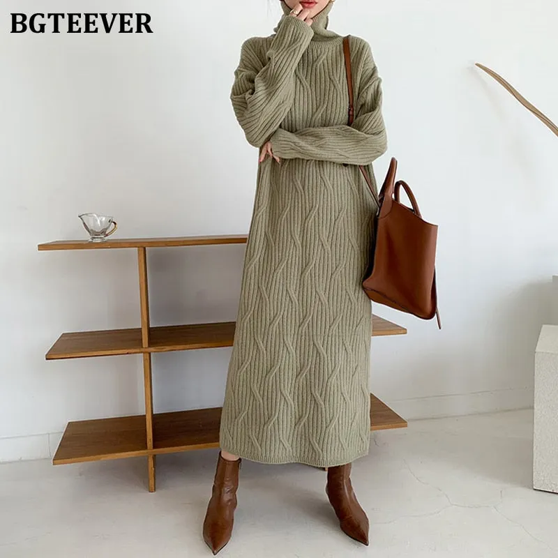 Christmas Gift Joskaa Elegant Turtleneck Thick Warm Loose Women Knitted Dress Solid Vestidos Autumn Winter Straight Sweater Dress Women 2024