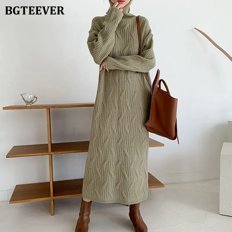 Christmas Gift Joskaa Elegant Turtleneck Thick Warm Loose Women Knitted Dress Solid Vestidos Autumn Winter Straight Sweater Dress Women 2024