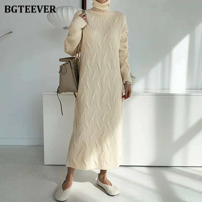 Christmas Gift Joskaa Elegant Turtleneck Thick Warm Loose Women Knitted Dress Solid Vestidos Autumn Winter Straight Sweater Dress Women 2024