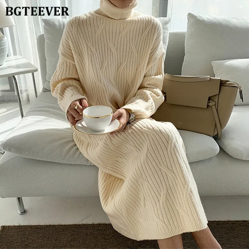 Christmas Gift Joskaa Elegant Turtleneck Thick Warm Loose Women Knitted Dress Solid Vestidos Autumn Winter Straight Sweater Dress Women 2024