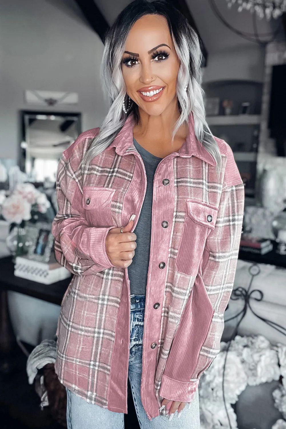 Corduroy Plaid Pattern Shacket