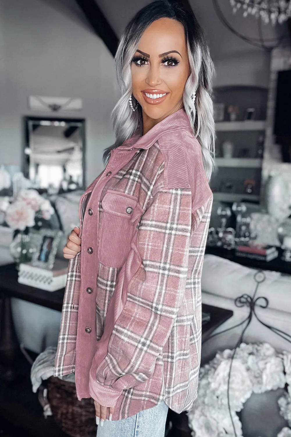 Corduroy Plaid Pattern Shacket