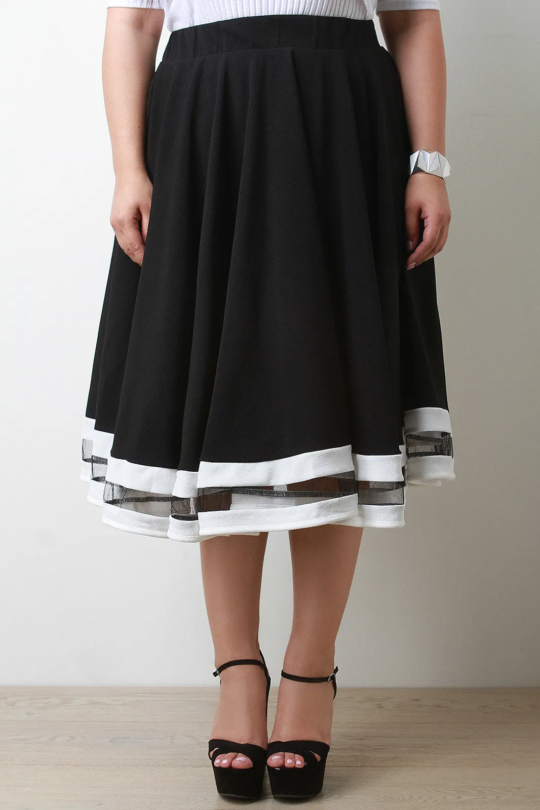 Crinkled Contrast Mesh Hem Circle Midi Skirt