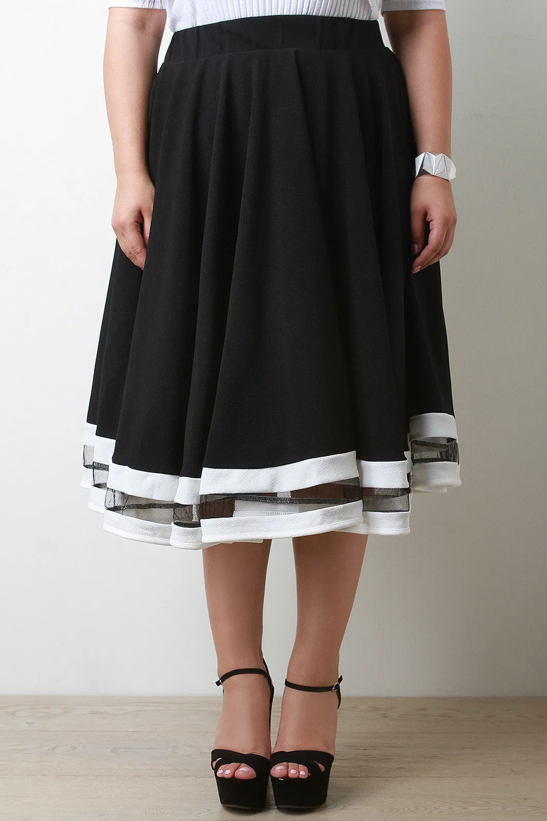 Crinkled Contrast Mesh Hem Circle Midi Skirt