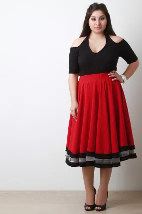 Crinkled Contrast Mesh Hem Circle Midi Skirt