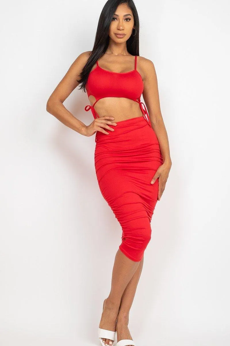 Cut-out Tie Side Crop Top & Ruched Midi Skirt Set