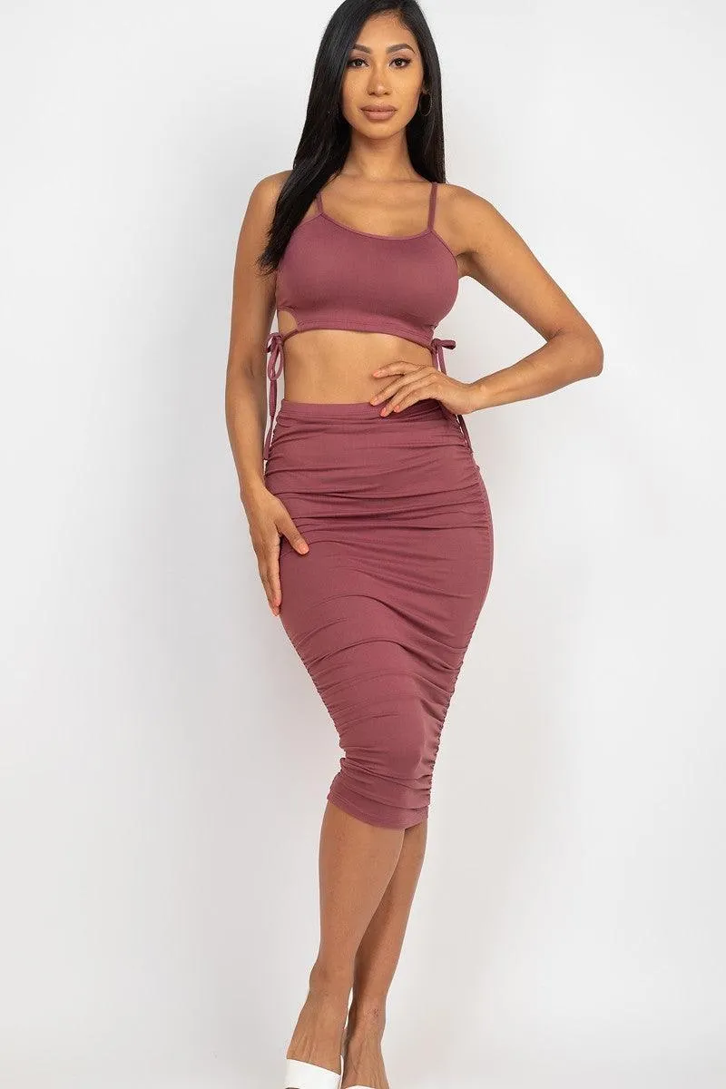 Cut-out Tie Side Crop Top & Ruched Midi Skirt Set