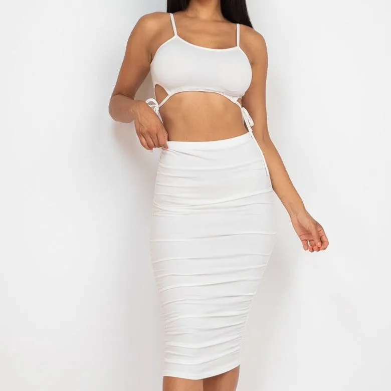 Cut-Out Tie Side Crop Top & Ruched Midi Skirt Set