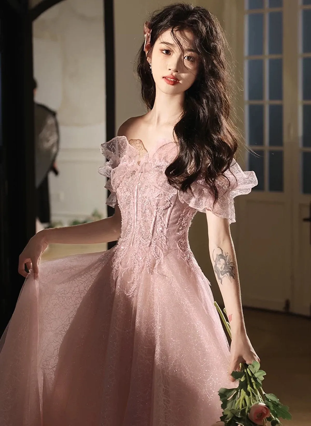 Cute Pink Tulle Sweetheart Off Shoulder Party Dress, Pink Tulle Long Prom Dress