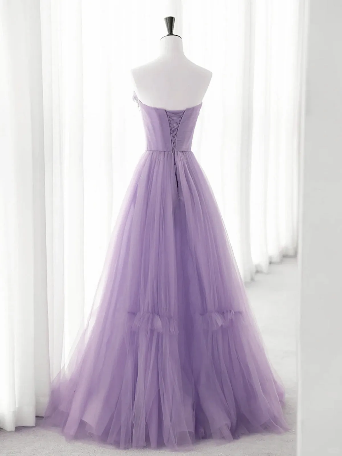 Cute Purple Tulle A-line Long Prom Dress with Flowers, Purple Tulle Party Dress