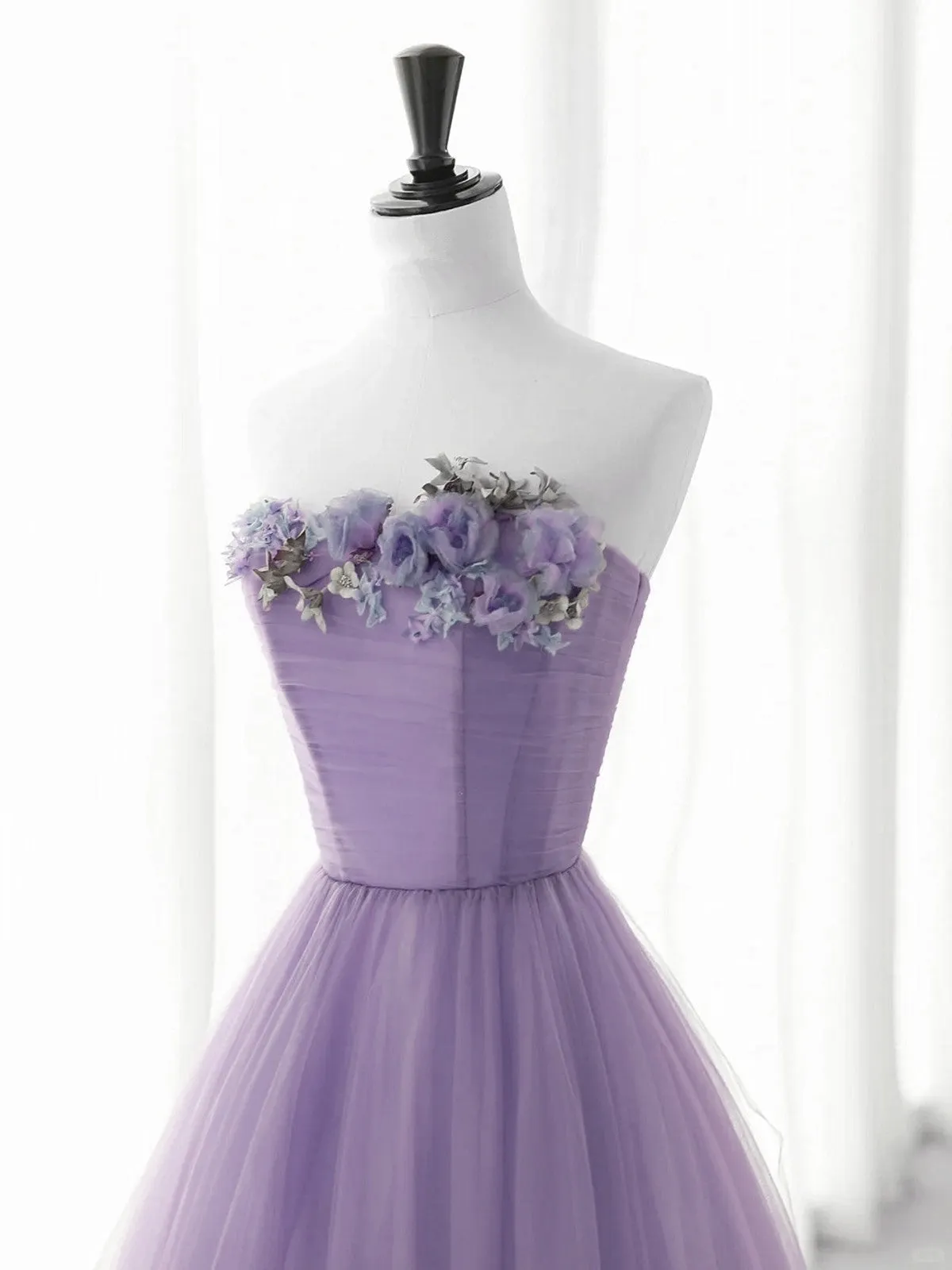 Cute Purple Tulle A-line Long Prom Dress with Flowers, Purple Tulle Party Dress