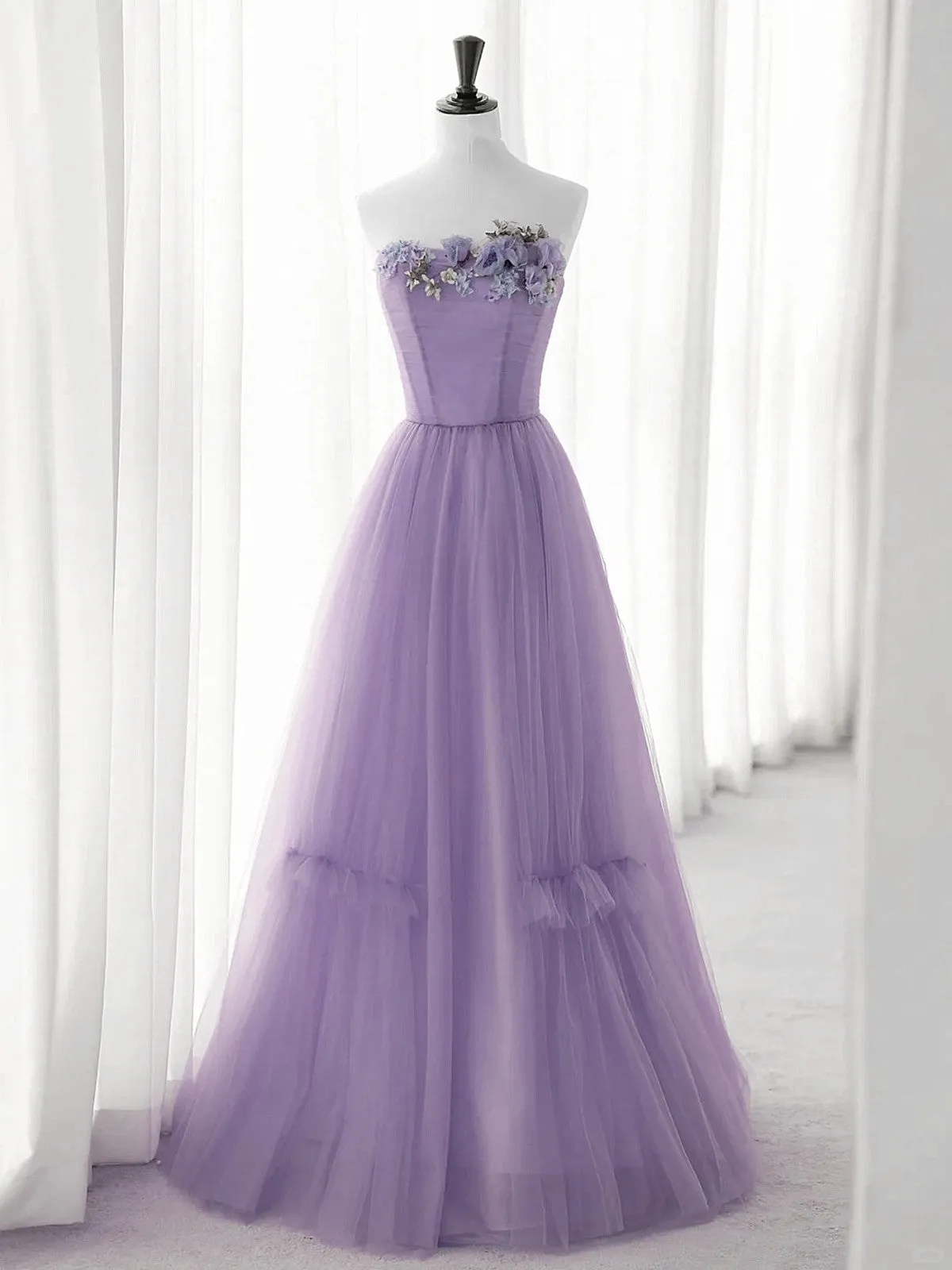 Cute Purple Tulle A-line Long Prom Dress with Flowers, Purple Tulle Party Dress