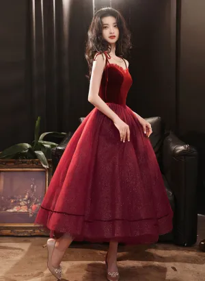 Cute Wine Red Velvet and Tulle Homecoming Dress, Wine Red Straps Party Dress