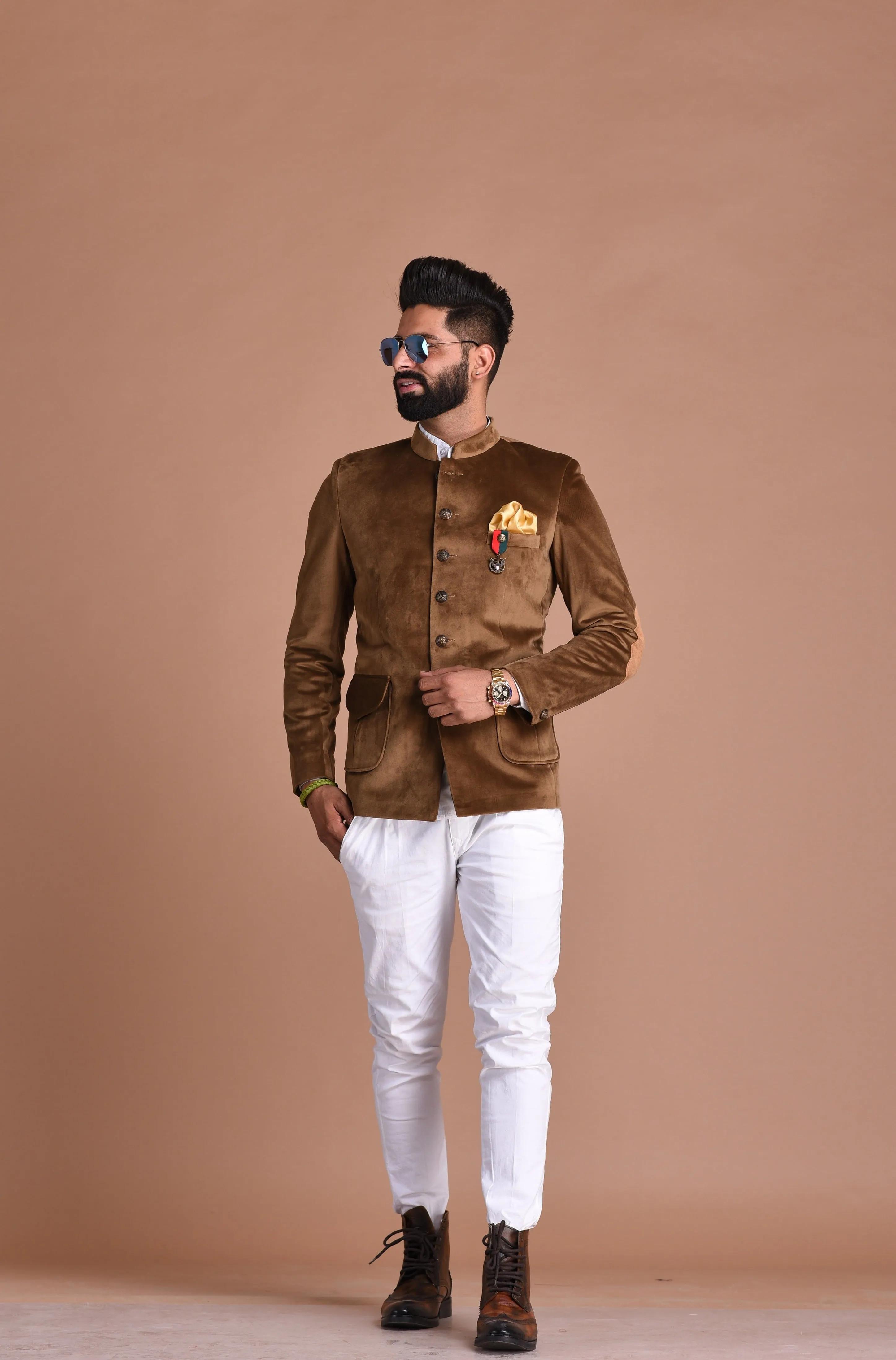 Dark Brown Color Velvet Bandhgala Blazer with White Trouser