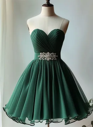 Dark Green Beaded Chiffon Knee Length Party Dress, Green Homecoming Dress