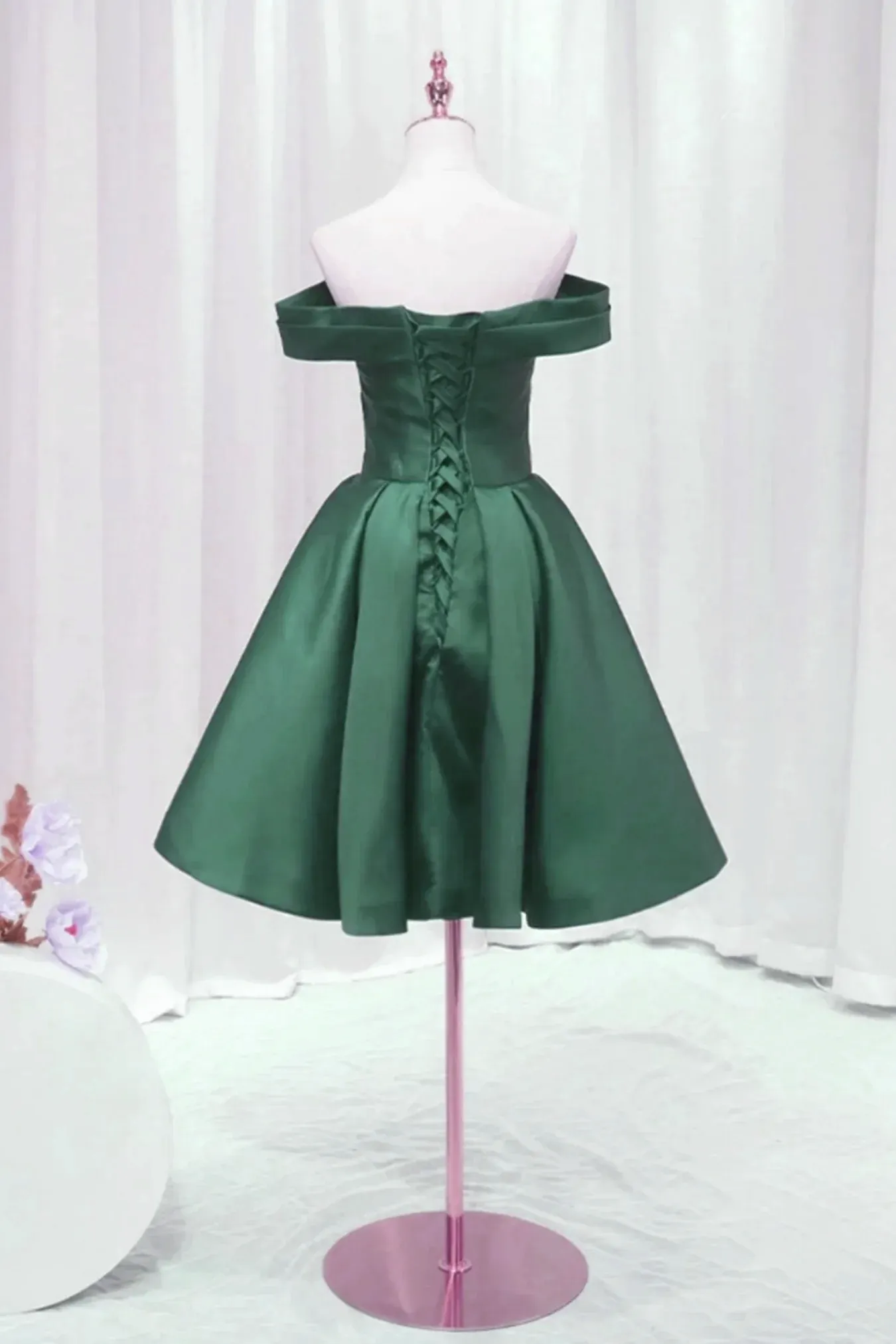 Dark Green Satin Off Shoulder Knee Length Party Dress, Green Homecoming Dress Prom Dress