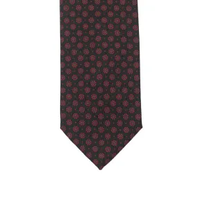 Dark green wool challis tie with fuschia & gold neat print