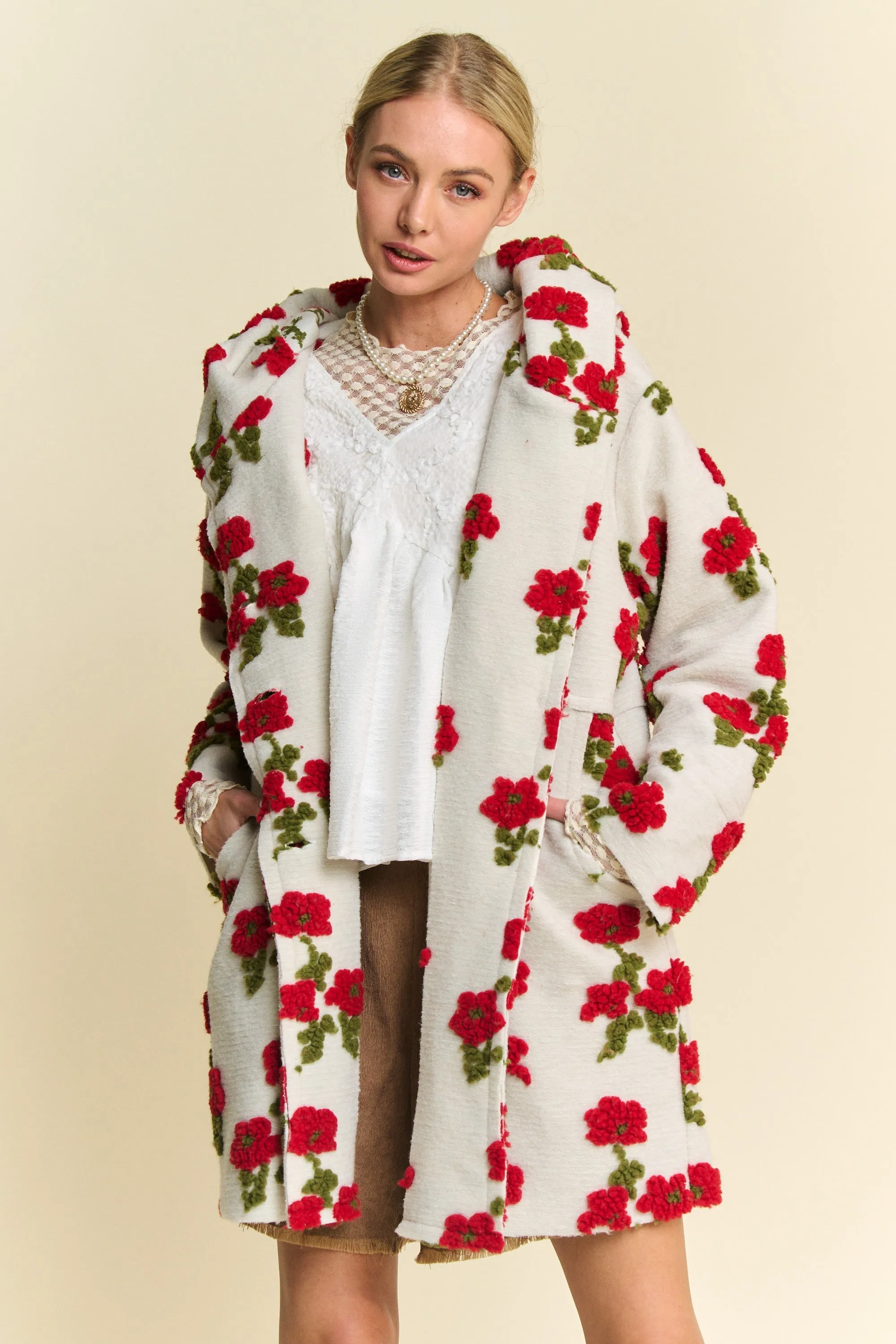 Davi & Dani Chunky Floral Embroidery Hooded Jacket in White ON ORDER