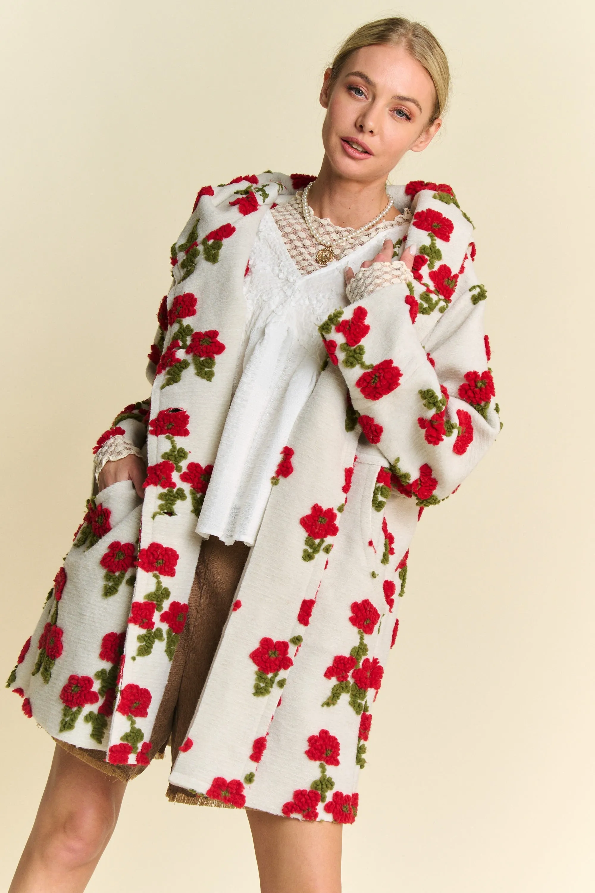 Davi & Dani Chunky Floral Embroidery Hooded Jacket in White ON ORDER